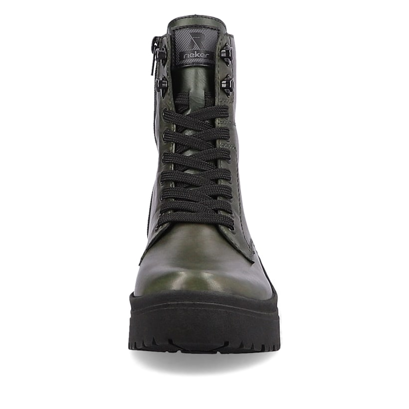 Grüne Rieker EVOLUTION Damen Stiefel W0371-52 mit Schnürung und Reißverschluss. Schuh von vorne.