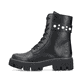 Mattschwarze Rieker Damen Biker Boots Y3354-00 mit Perlenschmuck. Schuh Außenseite.