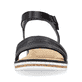 Schwarze Rieker Keilsandaletten V3661-00 mit einem Klettverschluss. Schuh von vorne.