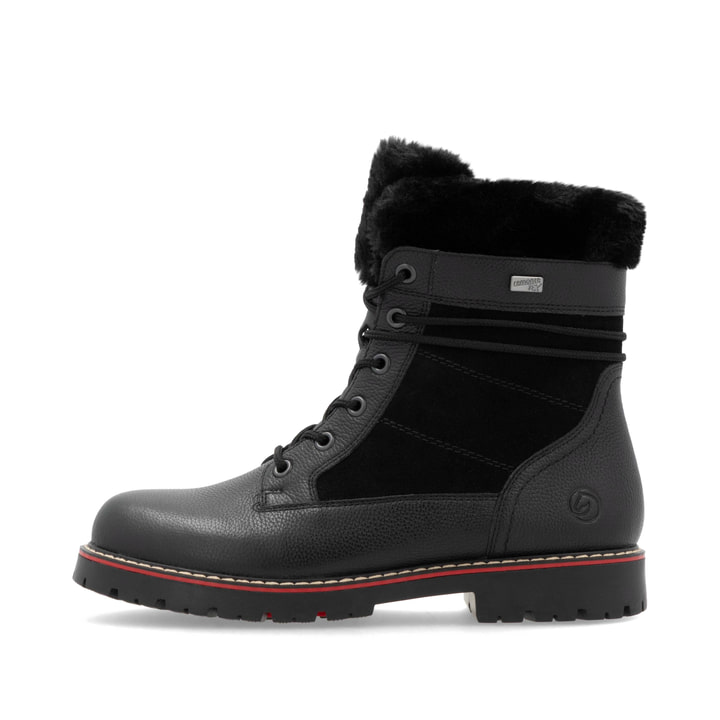 Nachtschwarze remonte Damen Schnürstiefel D9381-00 mit Flip-Grip Sohle. Schuh Außenseite.