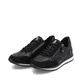 
Nachtschwarze remonte Damen Sneaker D0H01-01 mit Schnürung und Reißverschluss. Schuhpaar schräg.