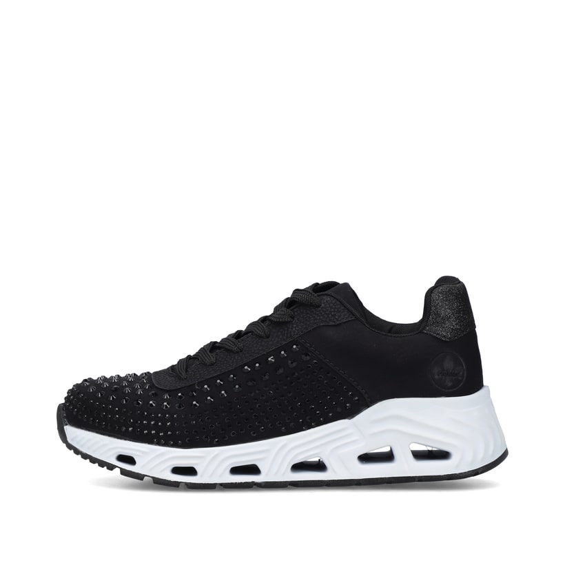 Schwarze Rieker Damen Sneaker Low N5201-00 mit flexibler Sohle. Schuh Außenseite.