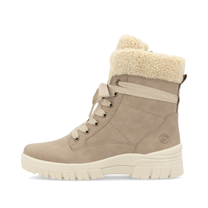 Beige remonte Damen Schnürstiefel D0E76-20 mit Schaftkragen sowie Reißverschluss. Schuh Außenseite.