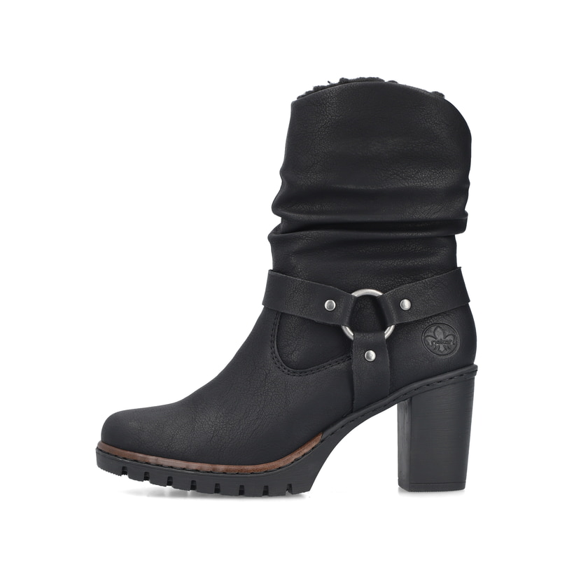 Urbanschwarze Rieker Damen Stiefeletten Y2582-00 mit einem Reißverschluss. Schuh Außenseite.