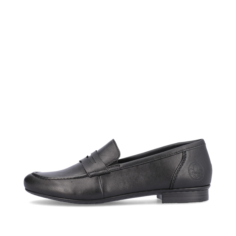 Schwarze Rieker Damen Loafer 51954-01 mit einem Elastikeinsatz. Schuh Außenseite.