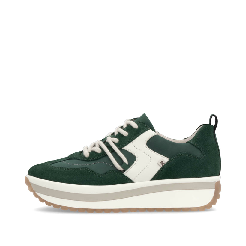 Grüne Rieker Damen Sneaker Low W0900-54 mit einer TR-Sohle mit weichem EVA-Inlet. Schuh Außenseite.