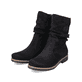 
Graphitschwarze Rieker Damen Kurzstiefel 73560-00 mit einer robusten Profilsohle. Schuhpaar schräg.