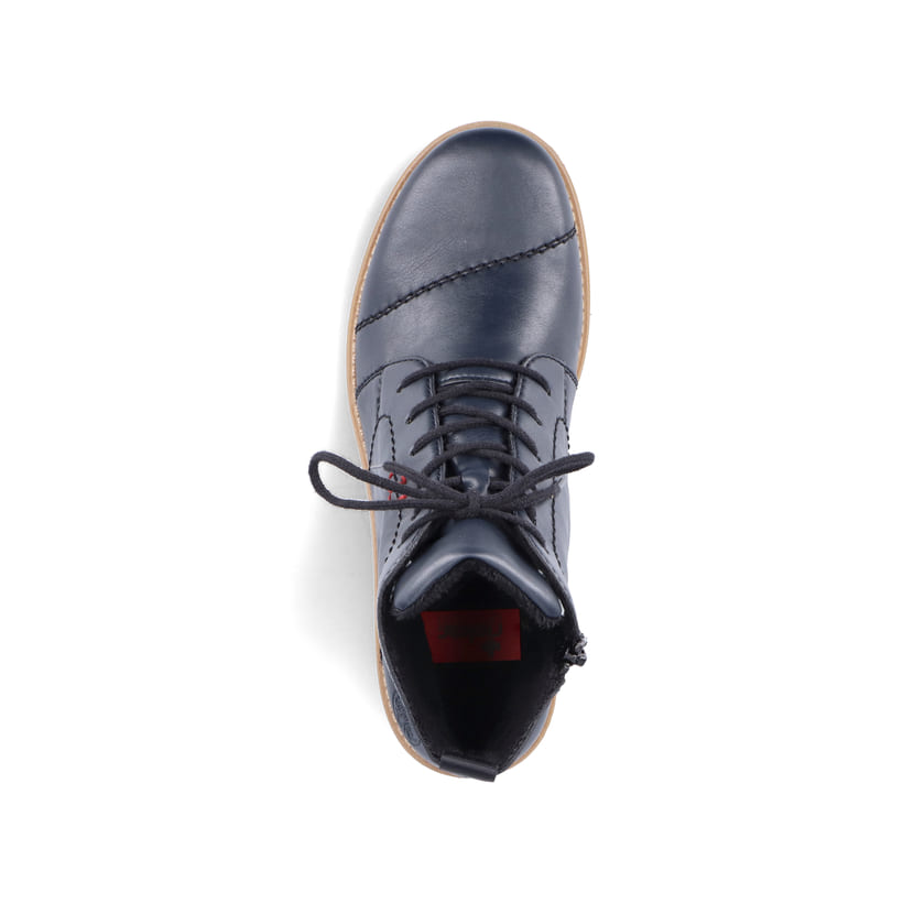 Marineblaue Rieker Damen Schnürstiefel 73500-14 mit einer robusten Profilsohle. Schuh von oben.