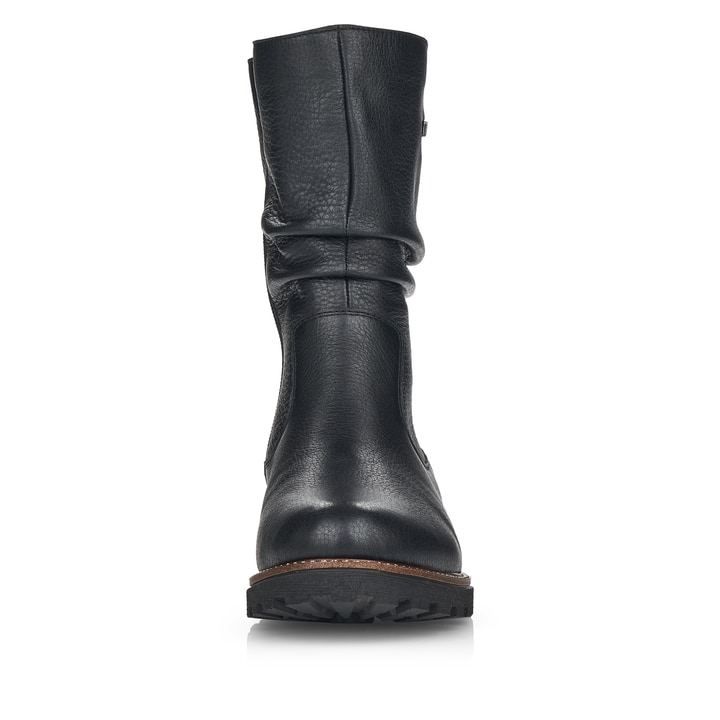 Schwarze remonte Damen Kurzstiefel D8477-01 mit Reißverschluss sowie einer Profilsohle. Schuh von vorne.