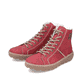 
Erdbeerrote Rieker Damen Schnürstiefel N1022-33 mit einer robusten Profilsohle. Schuhpaar schräg.