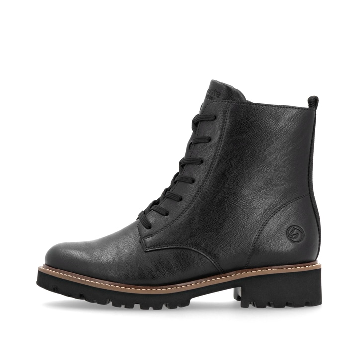 Urbanschwarze remonte Damen Schnürstiefel D8661-00 mit einem Reißverschluss. Schuh Außenseite.