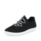 Schwarze Rieker Damen Slipper 52854-00 mit ultra leichter Sohle sowie Gummizug. Schuh seitlich schräg.