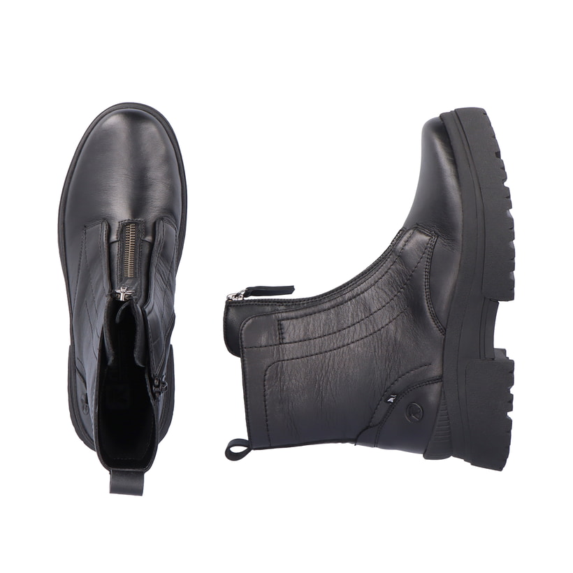 Schwarze Rieker EVOLUTION Damen Stiefel W0375-00 mit einer leichten Plateausohle. Schuhpaar von oben.