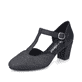 Schwarze Rieker Pumps 41087-00 mit Schnalle sowie extra weicher Decksohle. Schuh seitlich schräg.