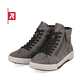 Graue Rieker EVOLUTION Damen Stiefel W0164-45 mit Schnürung und Reißverschluss. Schuhpaar schräg.
