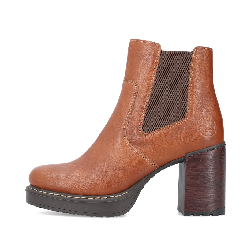 Fuchsbraune Rieker Damen Stiefeletten Y4151-22 mit Reißverschluss sowie Blockabsatz. Schuh Außenseite.