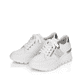Weiße Rieker Damen Sneaker Low N8322-80 mit Reißverschluss sowie Komfortweite G. Schuhpaar seitlich schräg.