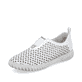 Weiße Rieker Damen Slipper N0965-80 mit Elastikeinsatz sowie Löcheroptik. Schuh seitlich schräg.