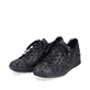 Schwarze Rieker Damen Schnürschuhe N3302-90 mit einem Reißverschluss. Schuhpaar seitlich schräg.