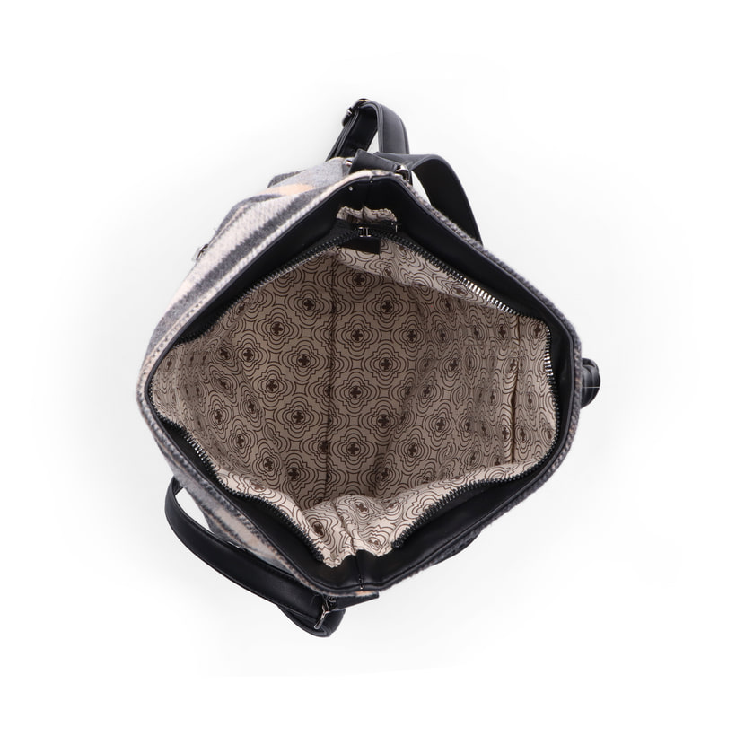Rieker Damen Handtasche H1514-93 in Stahlschwarz-Beige-Karo aus Textil mit Reißverschluss. Handtasche geöffnet.