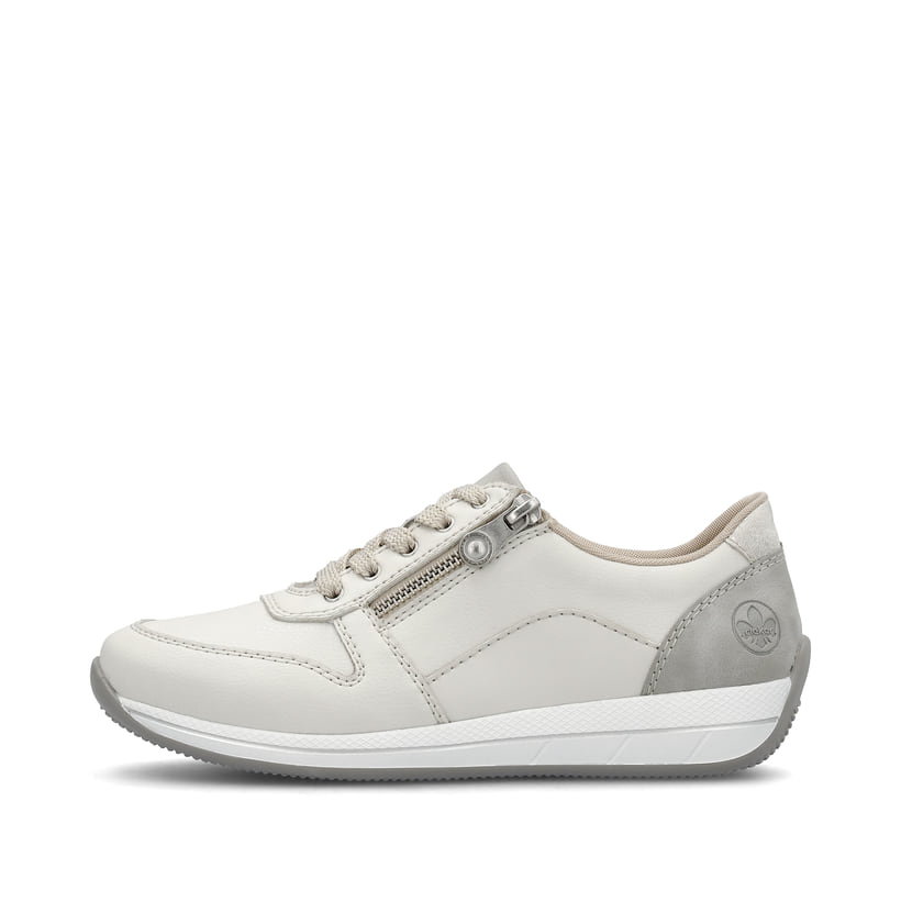Weiße Rieker Damen Sneaker Low N1100-80 mit Reißverschluss sowie Extraweite H. Schuh Außenseite.