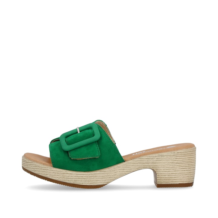 Smaragdgrüne remonte Damen Pantoletten D0N56-52 mit Klettverschluss. Schuh Außenseite.
