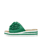 Grüne Rieker Damen Pantoletten V0252-52 mit Klettverschluss sowie Dekoblume. Schuh Außenseite.