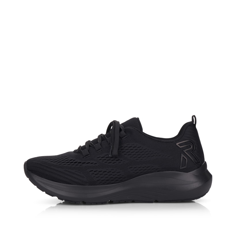 Schwarze Rieker Damen Sneaker Low 42103-01 mit flexibler Sohle. Schuh Außenseite.