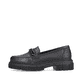Schwarze Rieker Damen Loafer M3861-01 mit Elastikeinsatz sowie stylischer Kette. Schuh Außenseite.