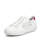 Weiße Rieker Damen Sneaker Low L5901-80 mit Schnürung sowie floralem Muster. Schuh seitlich schräg.