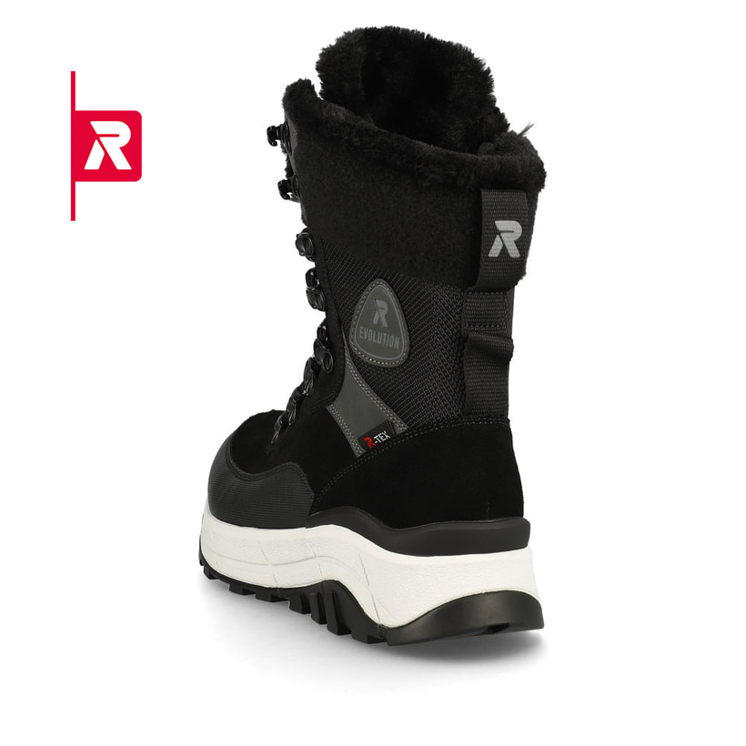 Schwarze Rieker EVOLUTION Damen Stiefel W0066-00 mit einer griffigen Fiber-Grip Sohle. Schuh von hinten.