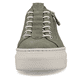 Grüne Rieker Damen Sneaker Low M1952-52 mit Reißverschluss sowie geprägtem Logo. Schuh von vorne.