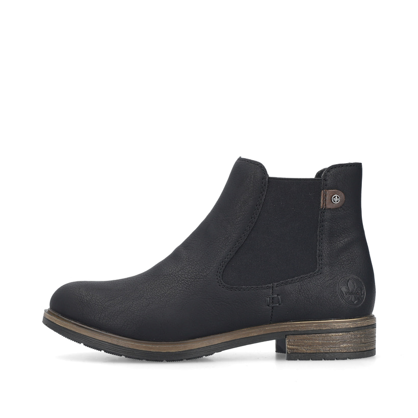 Asphaltschwarze Rieker Damen Chelsea Boots 72254-00 mit einem Reißverschluss. Schuh Außenseite.