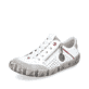 Weiße Rieker Damen Slipper L0355-80 mit einem Reißverschluss sowie Löcheroptik. Schuh seitlich schräg.