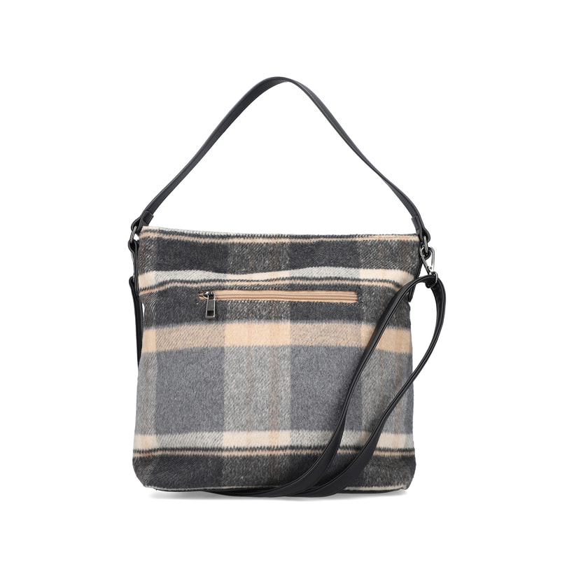 Rieker Damen Handtasche H1514-93 in Stahlschwarz-Beige-Karo aus Textil mit Reißverschluss. Handtasche Rückseite.