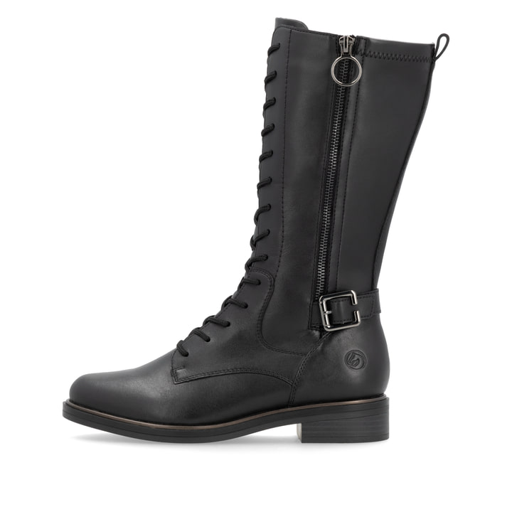 Urbanschwarze remonte Damen Schnürstiefel D8390-00 mit Zierschnalle. Schuh Außenseite.