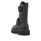 Tiefschwarze remonte Damen Biker Boots D1W70-00 mit runden Zierschnallen. Schuh von hinten.