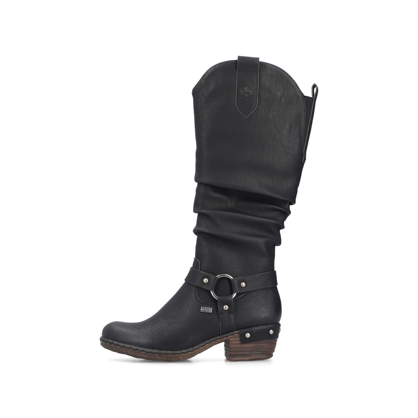 Nachtschwarze Rieker Damen Hochschaftstiefel 93670-00 mit rundem Schmuckelement. Schuh Außenseite.