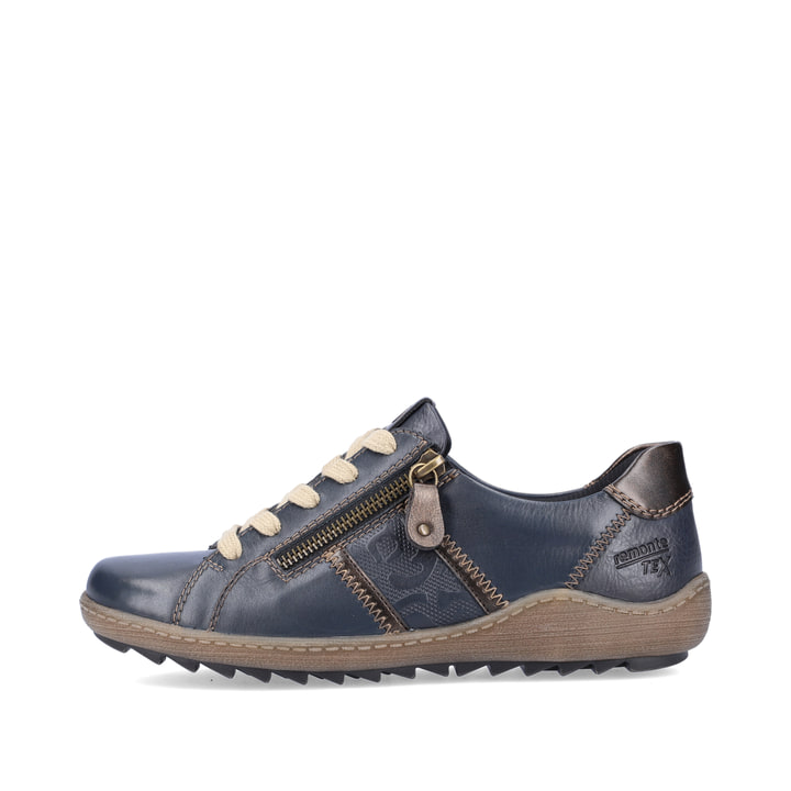 Schieferblaue remonte Damen Schnürschuhe R1426-15 mit einer dämpfenden Profilsohle. Schuh Außenseite.
