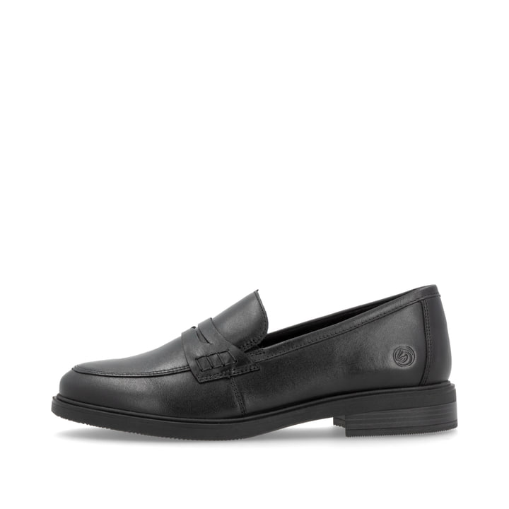 Mattschwarze remonte Damen Loafer D1U01-01 mit Gummizug. Schuh Außenseite.