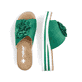 Grüne Rieker Damen Pantoletten V0252-52 mit Klettverschluss sowie Dekoblume. Schuh von oben, liegend.