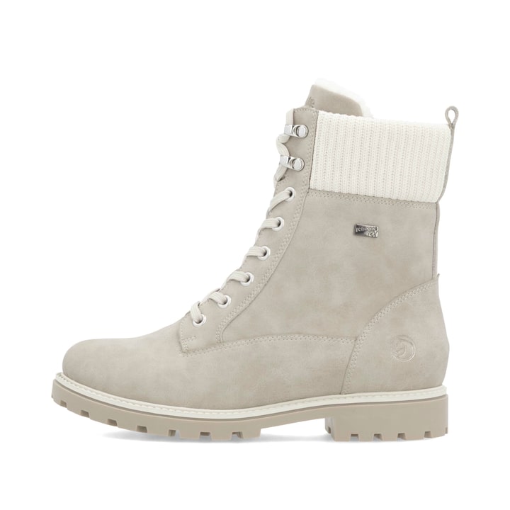 Beige remonte Damen Schnürstiefel D8482-40 mit wasserabweisender TEX-Membran. Schuh Außenseite.