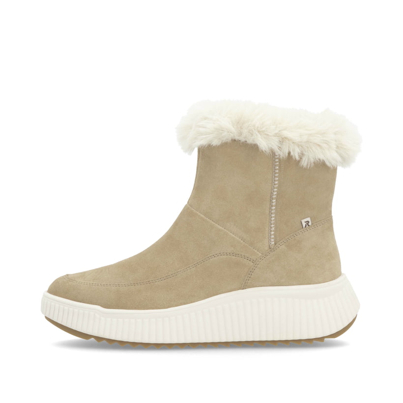 Beige Rieker Damen Kurzstiefel W1772-62 mit einer super leichten Plateausohle. Schuh Außenseite.