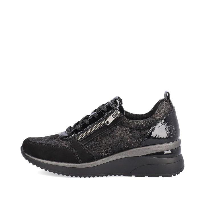 
Schwarze remonte Damen Sneaker D2401-02 mit einer flexiblen Sohle mit Keilabsatz. Schuh Außenseite