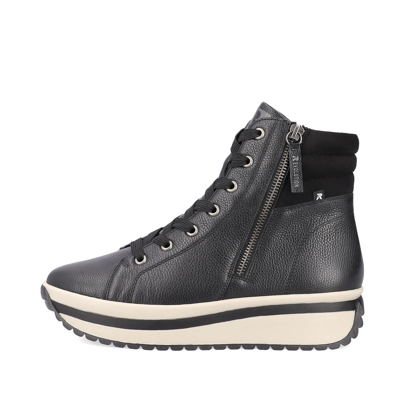 Schwarze Rieker Damen Sneaker High W0962-00 mit TR-Sohle mit leichtem EVA-Inlet. Schuh Außenseite.