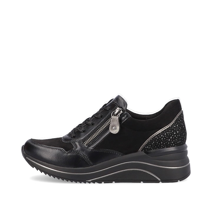 
Nachtschwarze remonte Damen Sneaker D0T01-01 mit Schnürung und Reißverschluss. Schuh Außenseite