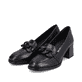 
Tiefschwarze remonte Damen Loafers D0V00-01 mit einer Profilsohle mit Blockabsatz. Schuhpaar schräg.