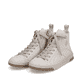 Beige Rieker Damen Sneaker High N3944-80 mit Reißverschluss sowie geprägtem Logo. Schuhpaar seitlich schräg.