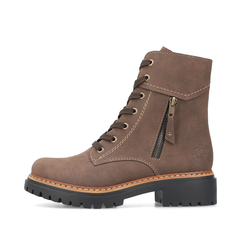 Holzbraune Rieker Damen Schnürstiefel 72626-25 mit dekorativem Zipper. Schuh Außenseite.