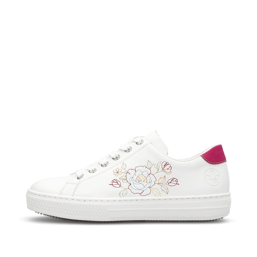 Weiße Rieker Damen Sneaker Low L5901-80 mit Schnürung sowie floralem Muster. Schuh Außenseite.